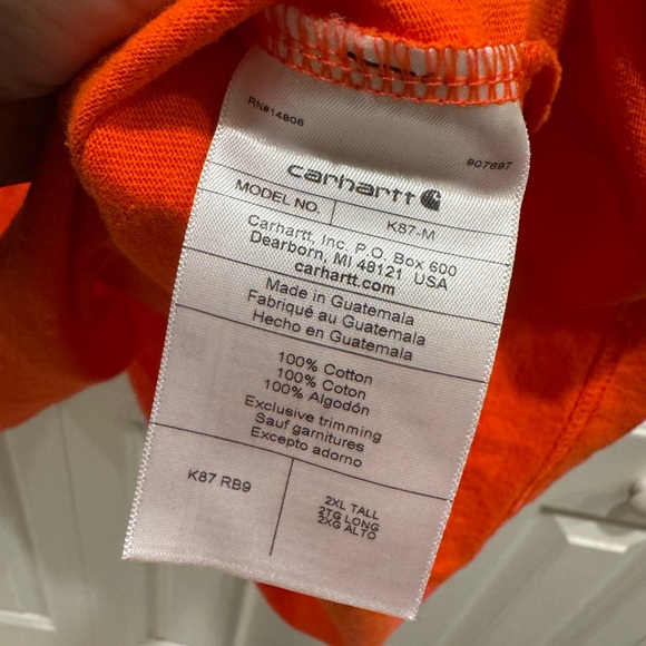 Carhartt 2XLT Workwear 100% Cotton Heavyweight Pocket T-Shirt Tee Bold Orange - Picture 4 of 5